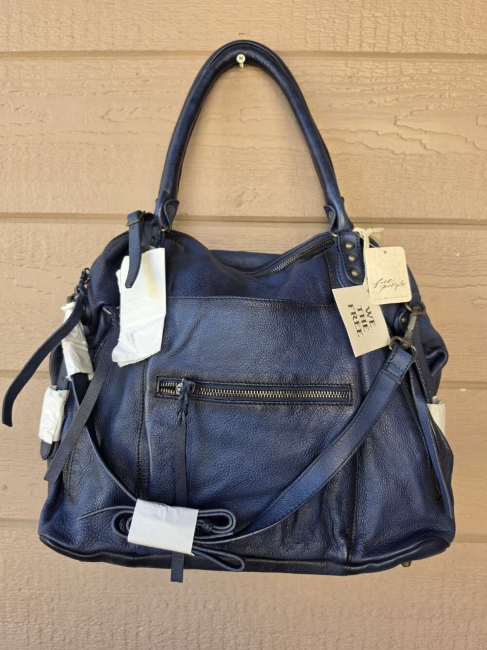 Free People Large Emerson Tote Dark Rinse Navy Leather Shoulder Crossbody Bag - Picture 3 of 8